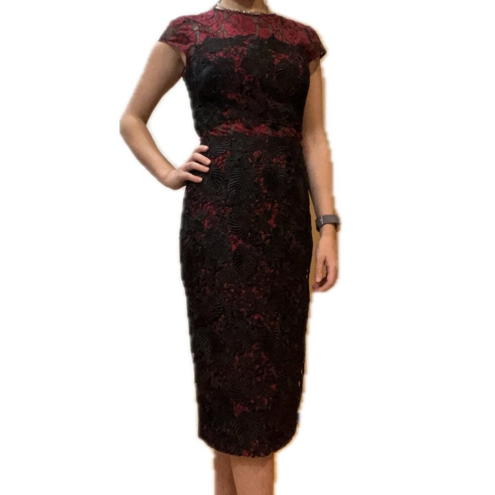 ML Monique Lhuillier Sheath Black Red lace dress size 0